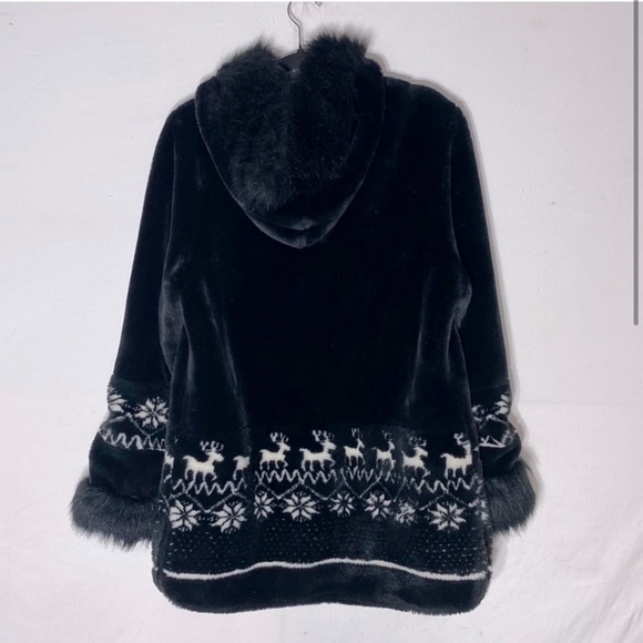Alia Black Faux Fur Coat With Hood And Winter Themed Trim M - Picture 2 of 16